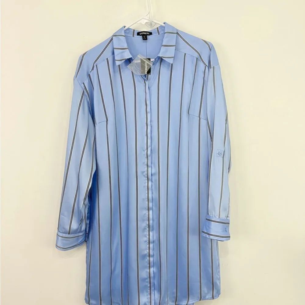 Express Light Blue Black Vertical Stripe Tab Sleeve Collared Shirt Dress NEW